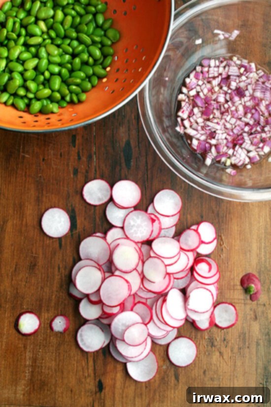 Σε αυτή τη σαλάτα με edamame και ραπανάκια, τα ραπανάκια και τα edamame βρίσκονται σε σχεδόν ίση αναλογία κατ' όγκο, και η σάλτσα είναι απλή: ίσα μέρη ελαιόλαδο και ξύδι και ένα καλό πασπάλισμα αλατιού — τόσο τα ραπανάκια όσο και τα edamame μπορούν να το αντέξουν. Είναι πανεύκολο να τη φτιάξεις. Υψηλή σε πρωτεΐνη, ελαφριά, πολύχρωμη, χορταστική — τι να μην αγαπήσεις εδώ; Και είναι ένας υπέροχος τρόπος να χρησιμοποιήσεις αυτά τα ραπανάκια από το CSA σου! // alexandracooks.com Σε αυτή τη σαλάτα με edamame και ραπανάκια, τα ραπανάκια και τα edamame βρίσκονται σε σχεδόν ίση αναλογία κατ' όγκο, και η σάλτσα είναι απλή: ίσα μέρη ελαιόλαδο και ξύδι και ένα καλό πασπάλισμα αλατιού — τόσο τα ραπανάκια όσο και τα edamame μπορούν να το αντέξουν. Είναι πανεύκολο να τη φτιάξεις. Υψηλή σε πρωτεΐνη, ελαφριά, πολύχρωμη, χορταστική — τι να μην αγαπήσεις εδώ; Και είναι ένας υπέροχος τρόπος να χρησιμοποιήσεις αυτά τα ραπανάκια από το CSA σου! // alexandracooks.com