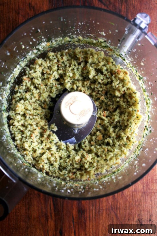 Κοτόπουλο Μουσταρδοψητό της Ίνα Γκάρτεν 4 Bread crumbs along with the herb mixture — garlic, thyme, lemon, salt, and pepper — all blended together.
