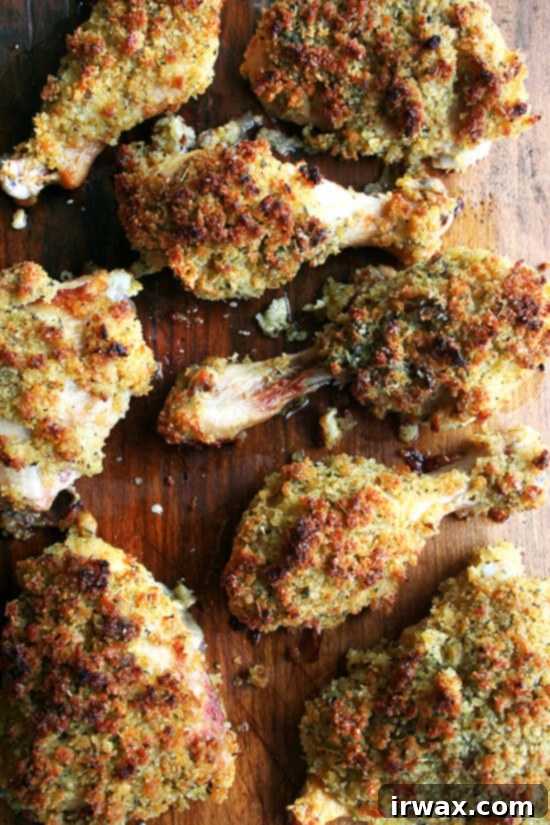 After marinating in a mustard and buttermilk bath, these mustard roasted chicken legs are topped with a layer of herbed bread crumbs, which crisp up beautifully after 40 minutes in the oven and taste absolutely divine. A wonderful weeknight meal. // alexandracooks.com Dijon mustard roasted bread crumb chicken, resting on a cutting board.