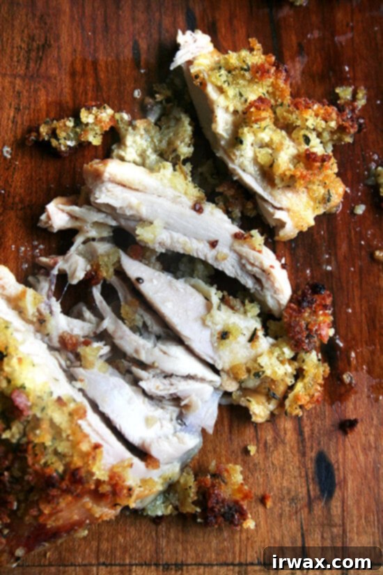 Κοτόπουλο Μουσταρδοψητό της Ίνα Γκάρτεν 8 Dijon mustard roasted bread crumb chicken, cut on cutting board.