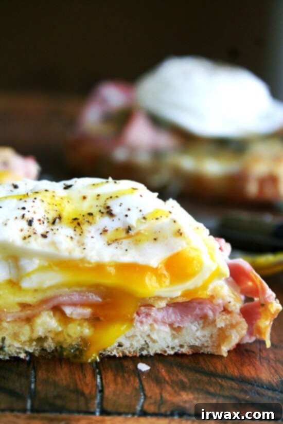 Κροκ Μονσιέ με αυγά ποσέ 2 Croque madame — croque monsieur στεφανωμένο με ένα αυγό ποσέ — σε μια επιφάνεια κοπής.