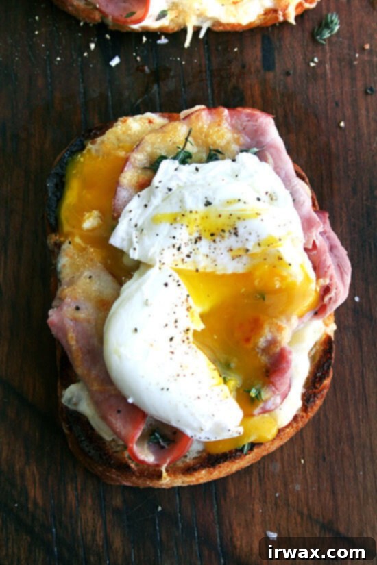 Κροκ Μονσιέ με αυγά ποσέ 9 Croque Madame: Τοστ αλειμμένο με μπεσαμέλ, με ζαμπόν, Gruyère και ένα τέλειο αυγό ποσέ.