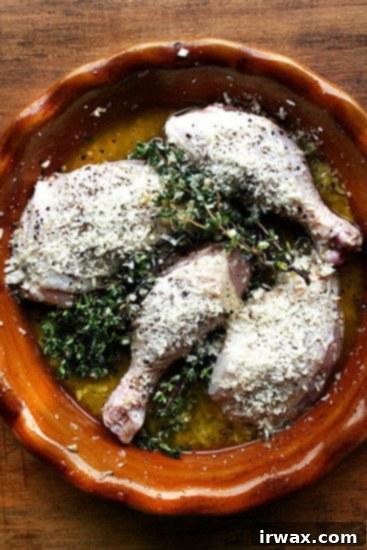 unbaked chicken Μια πανοραμική φωτογραφία από άψητα κοτόπουλο μπούτια σε ένα ταψί με παρμεζάνα, θυμάρι, ελαιόλαδο και λευκό κρασί.