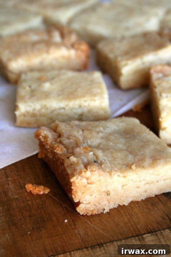 shortbread δεντρολίβανο Μόλις ψημένο shortbread δεντρολίβανου κομμένο σε τετράγωνα.