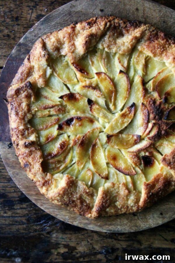 Η ζύμη αυτής της μηλόπιτας galette, η οποία είναι απίστευτα αφράτη, ελαφρώς γλυκιά και εντελώς νόστιμη, μπορεί να γίνει εξ ολοκλήρου στον πολυκόφτη, όπως και το φραντζιπάν — χωρίς να χρειάζεται να καθαρίσετε το μπολ μεταξύ των δραστηριοτήτων. Επιπλέον, ολόκληρη η galette μπορεί να συναρμολογηθεί και να μπει στον φούρνο σας σε περίπου 15 λεπτά. // alexandracooks.com Μια εναέρια λήψη μιας μόλις ψημένης μηλόπιτας galette.