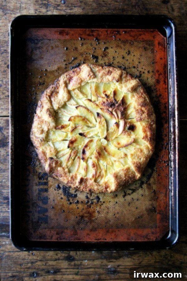 Η ζύμη αυτής της μηλόπιτας galette, η οποία είναι απίστευτα αφράτη, ελαφρώς γλυκιά και εντελώς νόστιμη, μπορεί να γίνει εξ ολοκλήρου στον πολυκόφτη, όπως και το φραντζιπάν — χωρίς να χρειάζεται να καθαρίσετε το μπολ μεταξύ των δραστηριοτήτων. Επιπλέον, ολόκληρη η galette μπορεί να συναρμολογηθεί και να μπει στον φούρνο σας σε περίπου 15 λεπτά. // alexandracooks.com Μόλις ψημένη μηλόπιτα galette με φραντζιπάν σε ένα ταψί.