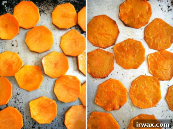 κολοκύθα butternut, άψητη και ψημένη Δύο εικόνες δίπλα-δίπλα: φέτες κολοκύθας σε ταψί, άψητες (αριστερά) και ψημένες (δεξιά).