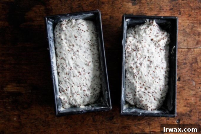 Φρυγανιστό Ψωμί Κινόας και Λιναρόσπορου 7 Quinoa-flax dough in loaf pans.