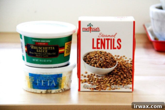 Απίθανη σαλάτα φακής του Trader Joe's με μόλις τρία υλικά 3 Τα υλικά για την παρασκευή της φακοσαλάτας Trader Joe's.