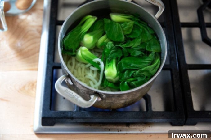 Ούντον που σου αλλάζουν τον κόσμο 8 Bok choy και udon noodles σε κατσαρόλα.