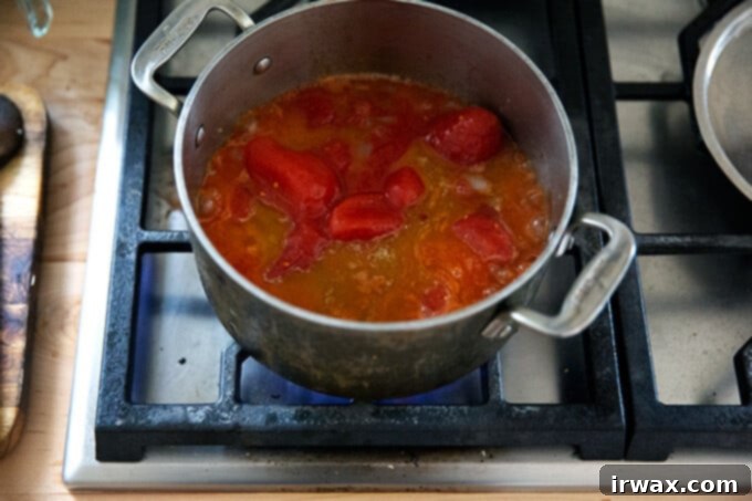 Εύκολη Σπιτική Ντοματόσαλτσα από Κονσέρβα 7 Μια κατσαρόλα με σπιτική σάλτσα ντομάτας που σιγοβράζει στην εστία.