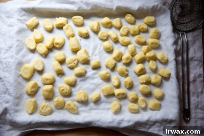 Εύκολα Σπιτικά Νιόκι με Ρικότα 22 Gnocchi ricotta που στραγγίζουν σε ταψί στρωμένο με πετσέτα.