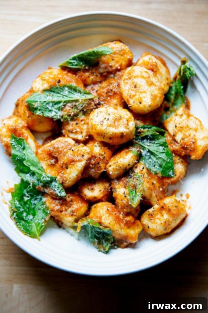 Εύκολα Σπιτικά Νιόκι με Ρικότα 25 Ένα μπολ με gnocchi ricotta ανακατεμένα με σάλτσα ντομάτας, βασιλικό και παρμεζάνα.