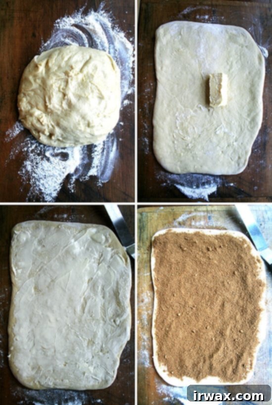 making the cinnamon rolls Montage depicting how to roll out the dough, spread with butter, sprinkle with cinnamon and sugar for cinnamon rolls.