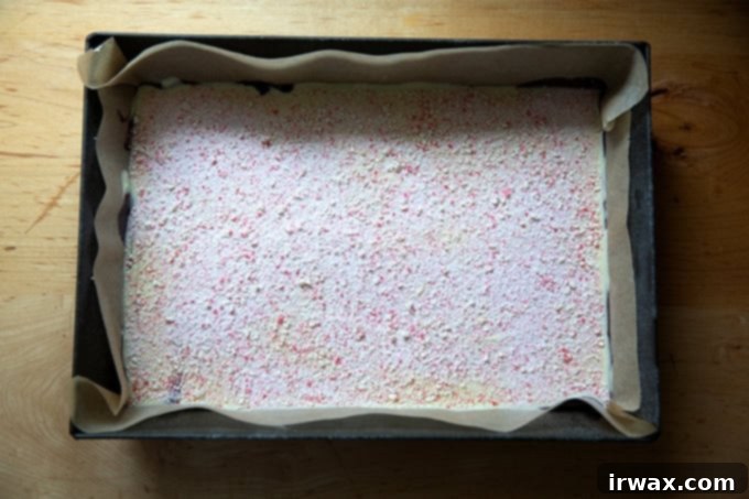 Μέντα Φλοιός με Σκόνη Μέντας 14 A 10x14-inch pan filled with peppermint-dusted peppermint bark.