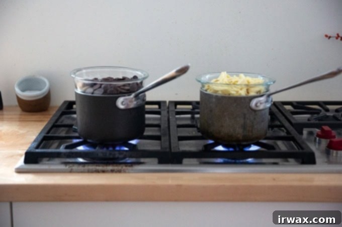 Μέντα Φλοιός με Σκόνη Μέντας 7 Two pots holding two bowls of chocolate set over boiling water.