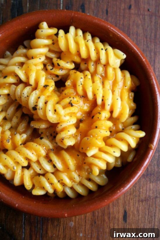 Υποψιαζόμουν ότι αυτή η rotini με σάλτσα κολοκύθας βουτύρου και φασκόμηλου θα ήταν καλή — ο συνδυασμός κολοκύθας και φασκόμηλου σπάνια απογοητεύει — αλλά δεν φανταζόμουν ότι θα την αγαπούσα τόσο πολύ. Η σάλτσα, φτιαγμένη μόνο με βούτυρο, φασκόμηλο, κολοκύθα, κρεμμύδι και νερό, γεύεται σχεδόν τυρένια ή σαν να είχε φτιαχτεί με κρέμα ή ζωμό ή κάτι άλλο για να προσφέρει πλούσια γεύση. // alexandracooks.com Ένα μπολ με πάστα και σάλτσα κολοκύθας βουτύρου.