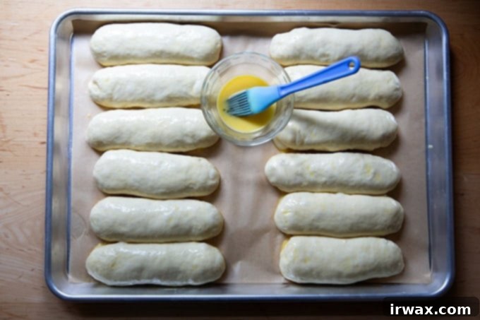 Πανεύκολα Σπιτικά Ψωμάκια Μπριός για Hot Dog 16 Ψωμάκια μπριός για hot dog, άψητα, σε ταψί, αλειμμένα με αυγό.
